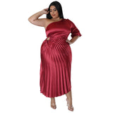Women Clothing Spring Sexy Oblique Shoulder Drawstring Pleated Dress