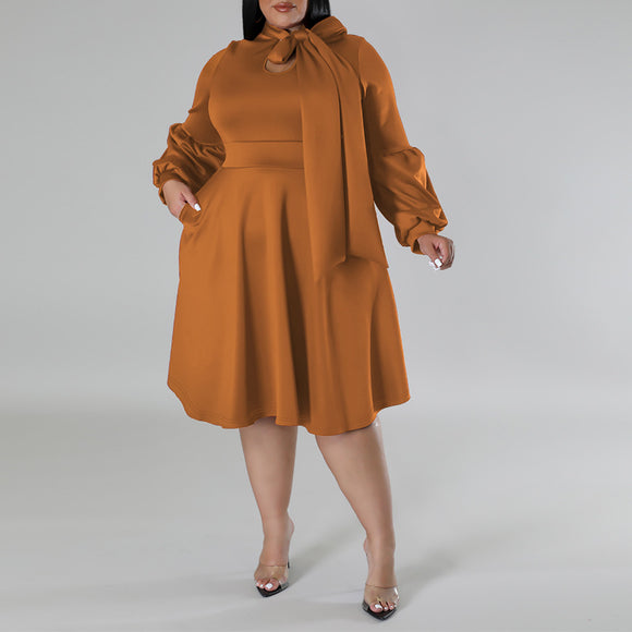 Plus Size Women Scarf Long Sleeved Bubble Sleeve Mid Length Dress