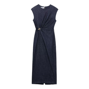 Spring Women Clothing Gold Inlaid Denim Midi Dress Dress