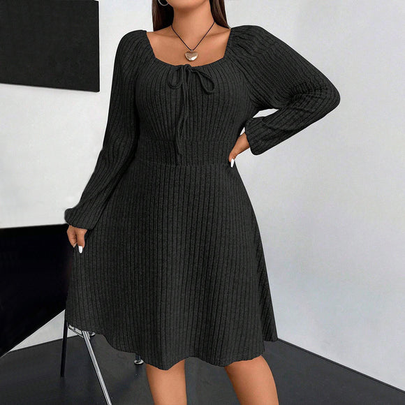 Plus Size Autumn Winter Women Clothing Square Collar Long Sleeve Waist Mini Fleece Sunken Stripe Dress