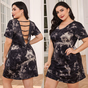 Plus Size Pajamas Women Summer Nightdress Women Short Sleeve Tie Dye Backless Sexy Home Wear