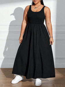 Plus Size Women Collar Sleeveless Dress Fitted Waist Vest Solid Color Midi Dress