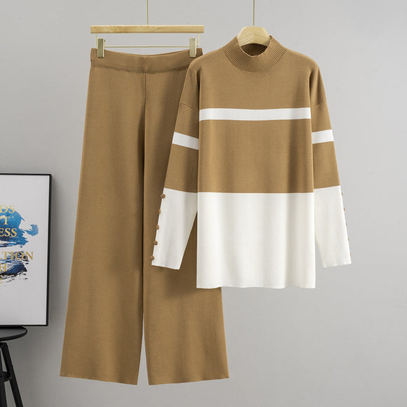 Casual Knitting Two Piece Sets Women Autumn Winter Loose Long-Sleeved Contrast Color Top Contrast Color Top High Waist Slimming Wide