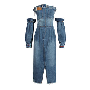Denim Dress Women Spring Personality Street Loose Tube Top Split Oversleeves Midi Dress