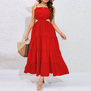 Plus Size Women Clothes Sexy Backless Waist Trimming Large Swing Tiered Dress Beach Dress Maxi Dress