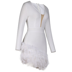 Spring Heffnige Long Sleeve V neck Fire Pieces Feather Bevel Bandage One Piece Dress
