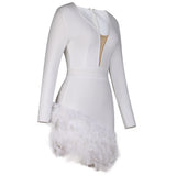 Spring Heffnige Long Sleeve V neck Fire Pieces Feather Bevel Bandage One Piece Dress