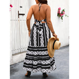 Plus Size Halter Sleeveless Printed Dress Vacation Bare Back Sexy Maxi Dress Women