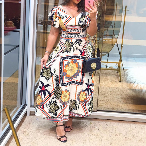 Women Positioning Print Holiday Casual Ruffle Sleeve V neck Floral Dress