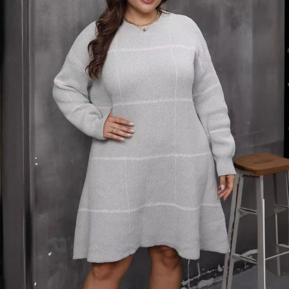 Plus Size Autumn Winter Woven Woolen Women Clothes Striped Color Contrast Patchwork round Neck Dress