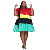 Plus Size Stitching Contrast Color Puff Sleeve Large Swing Women Clothing Dress