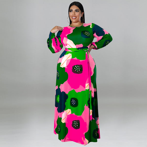 Plus Size Women Clothing Long Sleeve Dress Large Floral Printing Dress Long