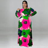 Plus Size Women Clothing Long Sleeve Dress Large Floral Printing Dress Long