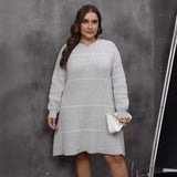 Plus Size Autumn Winter Woven Woolen Women Clothes Striped Color Contrast Patchwork round Neck Dress