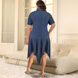 Plus Size Women Clothing Denim Collared Short Sleeve Button Mid Length Dress