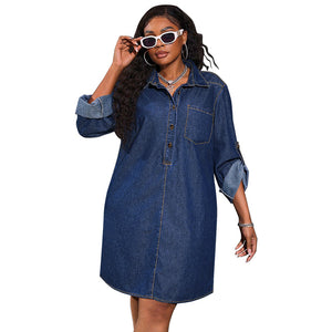 Plus Size Women Loose Denim Long Sleeve Casual Dress