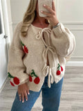 Autumn Winter Knitting Cardigan Loose Casual Sweater Strawberry Cherry Tie Front Top