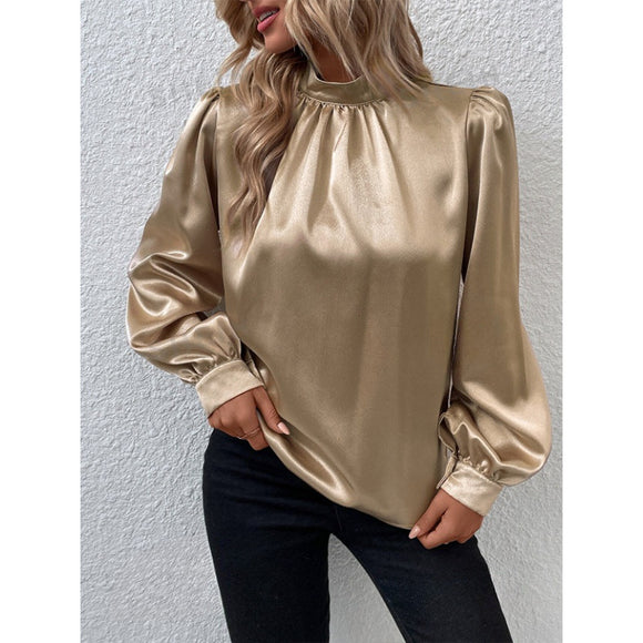 Stand-up Collar Puff Sleeve T shirt Women Satin All Match Long Sleeve Special Women Clothing