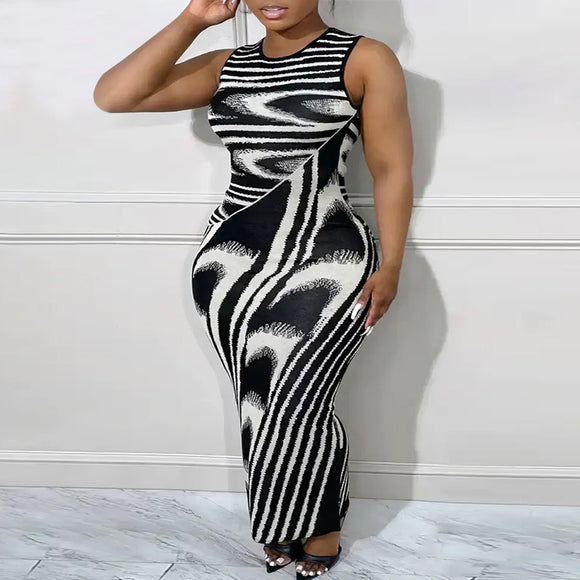 Plus Size Women Irregular Asymmetric Striped Sleeveless Round Neck Fit Dress