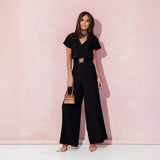 Women Clothing Solid Color V neck Tight Waist Short Sleeve Casual Trousers Jumpsuit