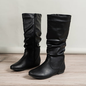 Pleated Faux Leather Surface Women Boots Side Ramen Casual Round Toe Flat Bottom Women Ankle Boots Solid Color Women Boots