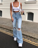 High Waist Retro Stretch Slim Knee Hole Bell Bottom Pants