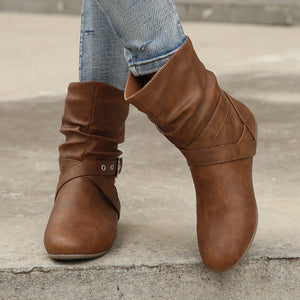 Round Toe Women Boots Flat Faux Leather Rivet Women Short Boots Belt Buckle Metal Brown Low Tube Women Boots