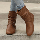 Round Toe Women Boots Flat Faux Leather Rivet Women Short Boots Belt Buckle Metal Brown Low Tube Women Boots