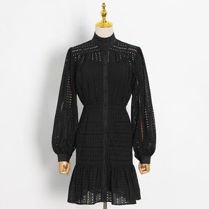 Elegant Elegant A  line Dress Turtleneck Long Sleeve Stitching Embroidered Hollow Out Cutout Single Breasted Dress for Women