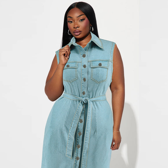 Plus Size Women Collared Sleeveless Denim Long Lace Up Dress