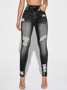 Women Clothing Stretch Ripped High Waist Jeans Slim Fit Denim Trousers