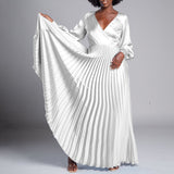 Women Clothing V neck Long Sleeve Pleated Dress plus Size Dress