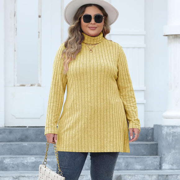 Plus Size Women Clothes Turtleneck Slim Bottoming Shirt Pit Striped Slit Mid Length T Shirt