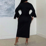 Plus Size Women Sexy Elegant Dress Autumn Winter Square Collar Ruffle Sleeve Slim Midi Dress