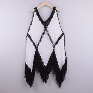 Sexy Hand Crocheting Patchwork Top Loose-Fitting Tassel Vacation Beach Cover-up Sun Protection Clothing