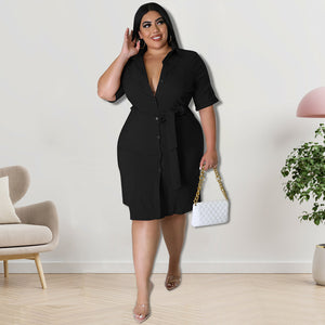 Plus Size Women Clothing Autumn Solid Color Short Sleeve Shirt Dress