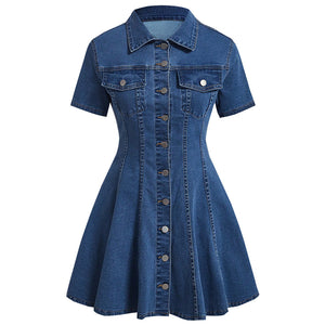 Women Clothing Denim Short Sleeved Cardigan Waist Tight Dress