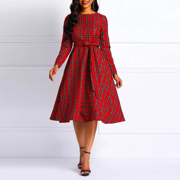 Plus Size Elegant Women Red Plaid Printed Dress Belt Midi Dress Women