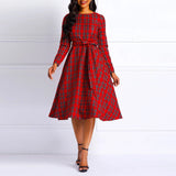 Plus Size Elegant Women Red Plaid Printed Dress Belt Midi Dress Women