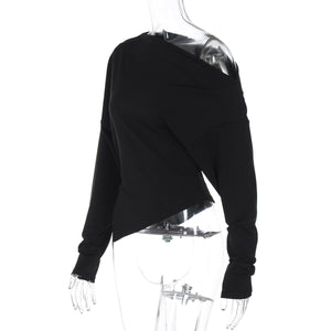 Women Clothing Summer Simple Shoulder Stretch Slim Fit Slit Long Sleeve T shirt Top