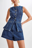 Summer Casual Sleeveless High Waist Women Denim Shorts Sets