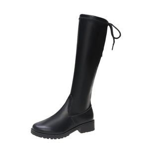 Flat Bottom Stretch Boots Women Chunky Heel Slingback High Slim Leather Boots Knight Boots