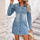 Retro Waist Controlled Slimming Long Sleeve Denim Dress
