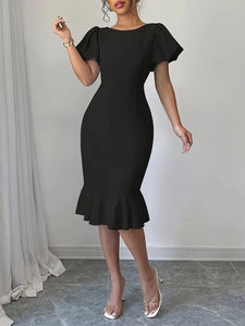 Plus SizeWomen Clothing Fashionable Elegant round Neck Ruffled Hem Mid Length Dress