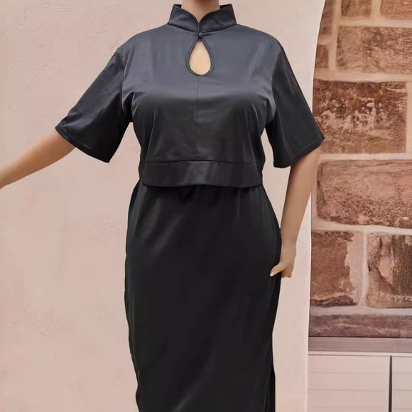 Plus Size Women Skirt Set Women Clothing National Retro Top plus Split Dress Two Piece Set