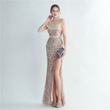 Heavy Industry Ostrich Hair Craft Beading Hair Oblique Shoulder Side Slit High End Evening Dress
