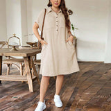 Plus Size Summer Women Loose Casual Shirt Dress Turn down Collar Short Sleeve Solid Color Dress
