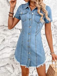 Retro Cinched Slimming Short Sleeves Denim Non Elastic Dress Women