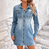 Retro Waist Controlled Slimming Long Sleeve Denim Dress