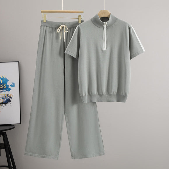 Women Short Sleeved Summer Half Zipper Casual Knitted Wide Leg Pants Short Sleeve